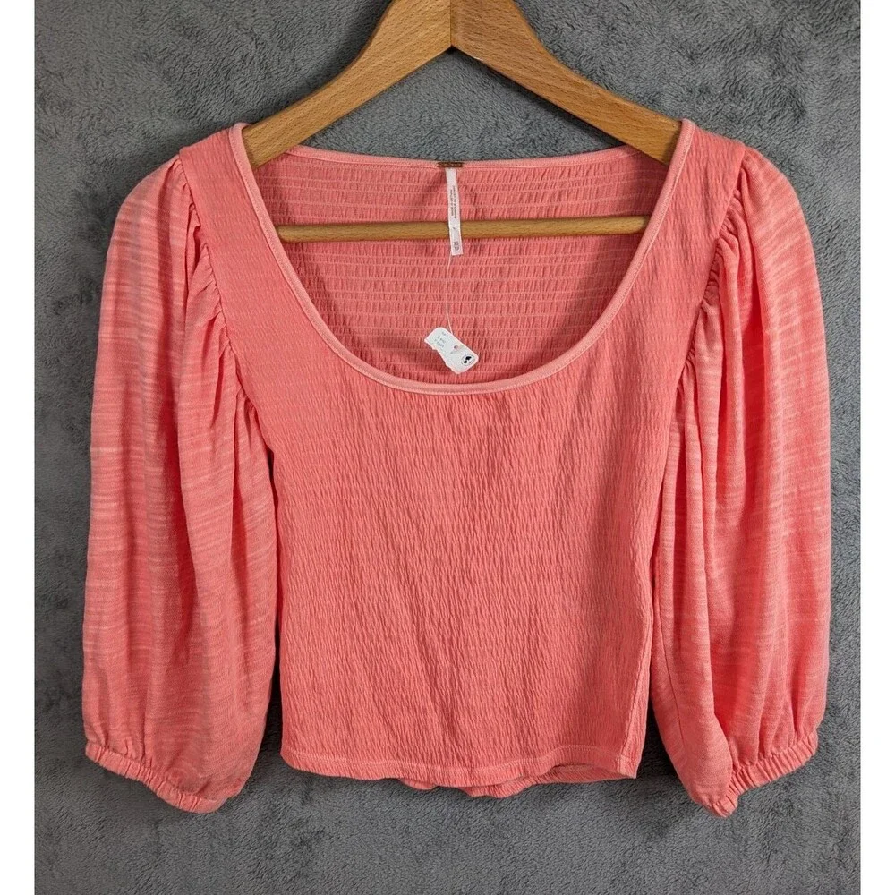 NWT Free People Tunic Top Elise Puff Sleeve Smocked Crop Boho Womens XS